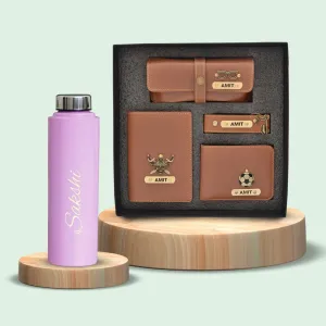 Personalised Pink Classic Smart Bottle (1 Litre) & All in One Men's Combo (4 pcs) - Tan
