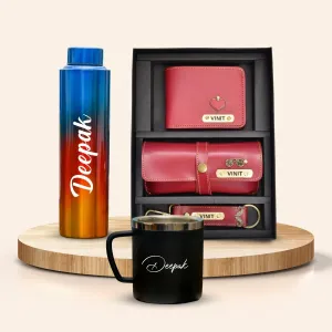 Personalized All in One Men's Combo (3 pcs) & Rainbow Classic Bottle 1Litre & Stainless Steel Mug - Wine