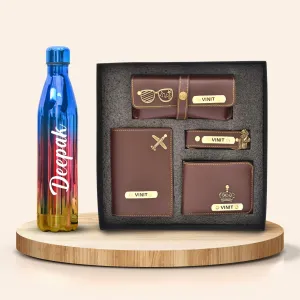 Personalized All in One Men's Combo (4 pcs) & Customized Rainbow Stainless Steel Water Bottles - Brown