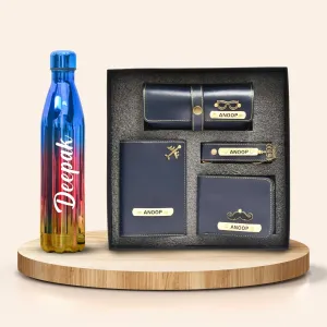 Personalized All in One Men's Combo (4 pcs) & Customized Rainbow Stainless Steel Water Bottles - Royal Blue