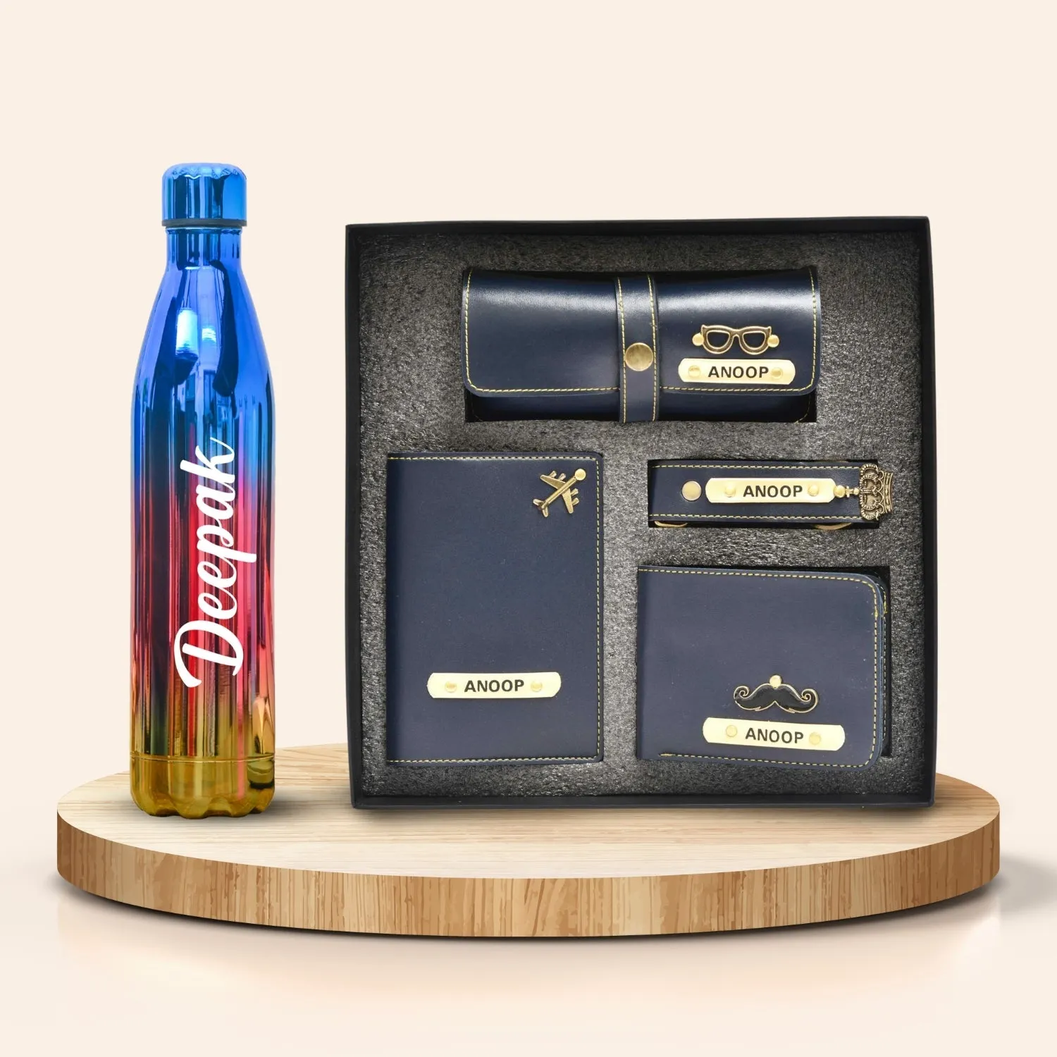 Personalized All in One Men's Combo (4 pcs) & Customized Rainbow Stainless Steel Water Bottles - Royal Blue