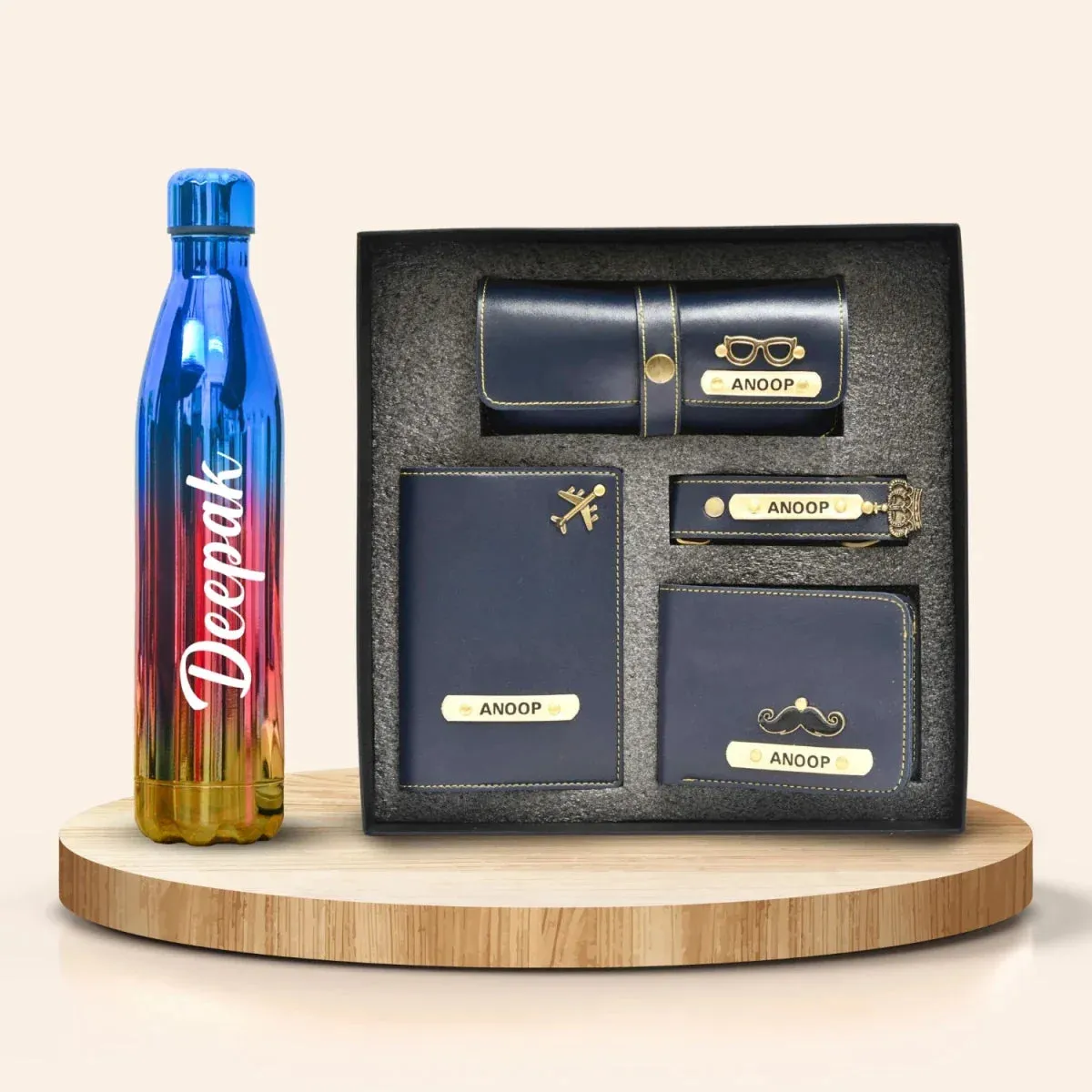 Personalized All in One Men's Combo (4 pcs) & Customized Rainbow Stainless Steel Water Bottles - Royal Blue