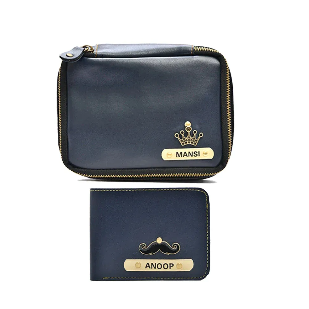 Personalized Couple's Combo : Mini Makeup Kit & Men's Wallet- Royal Blue