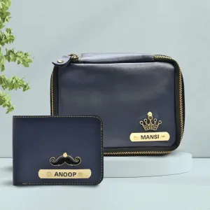 Personalized Couple's Combo : Mini Makeup Kit & Men's Wallet- Royal Blue