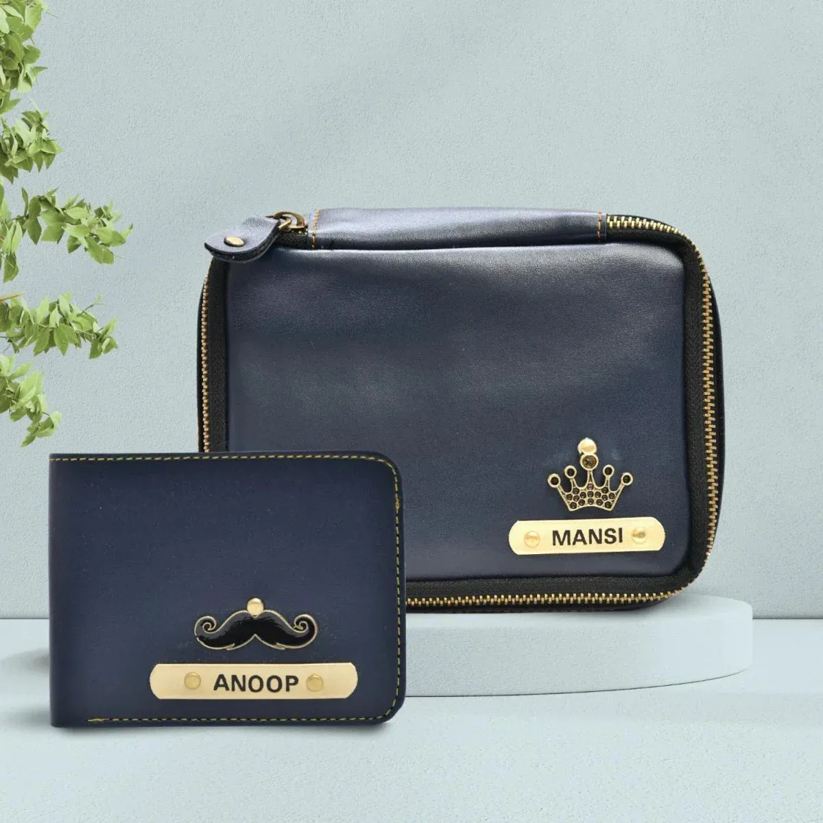 Personalized Couple's Combo : Mini Makeup Kit & Men's Wallet- Royal Blue