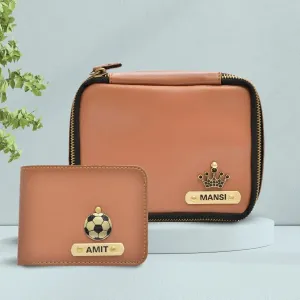 Personalized Couple's Combo : Mini Makeup Kit & Men's Wallet-Tan