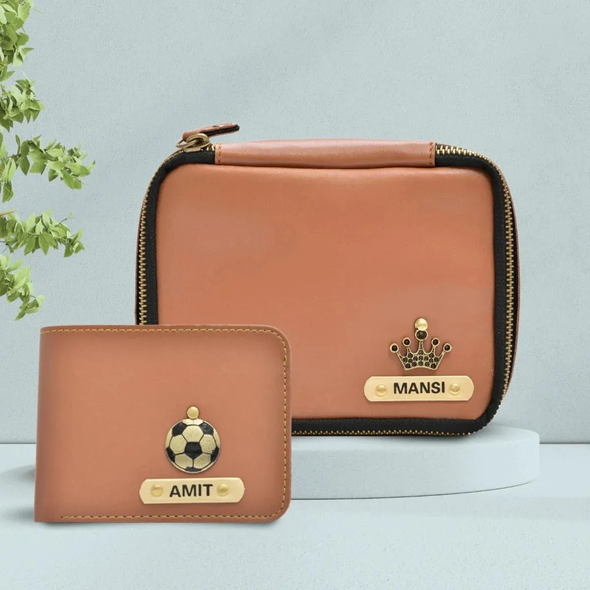 Personalized Couple's Combo : Mini Makeup Kit & Men's Wallet-Tan