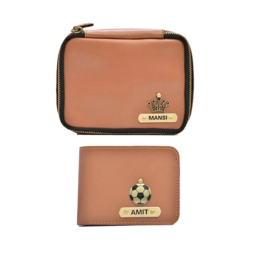 Personalized Couple's Combo : Mini Makeup Kit & Men's Wallet-Tan