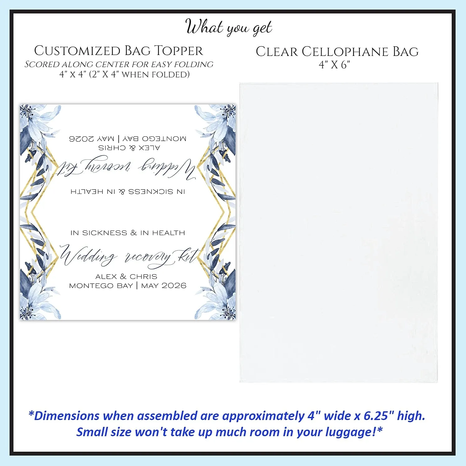 Personalized Wedding Hangover Recovery Kit Bag & Topper - Dainty Dusty Blue
