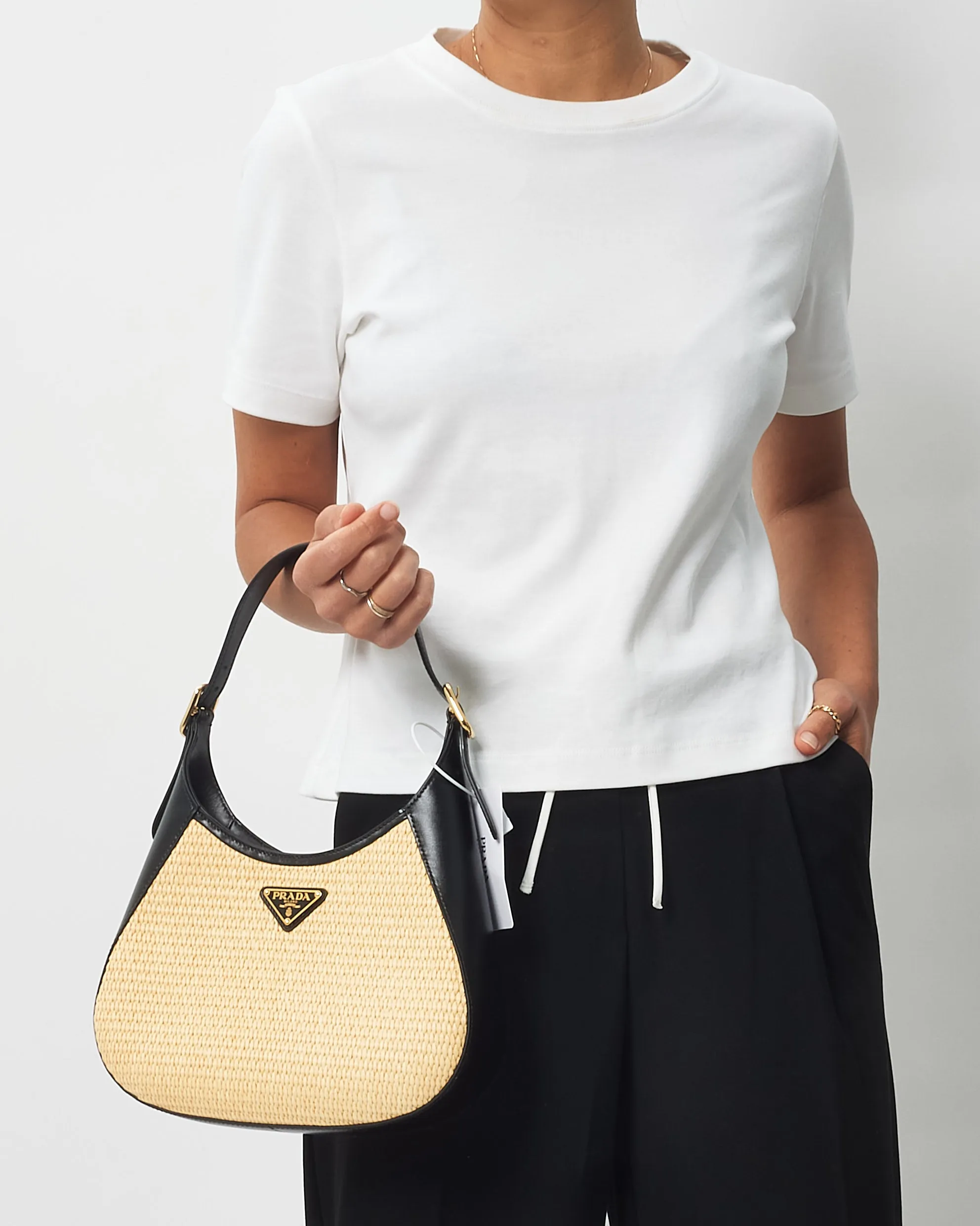 Prada Beige Raffia & Black Leather Small Cleo Bag