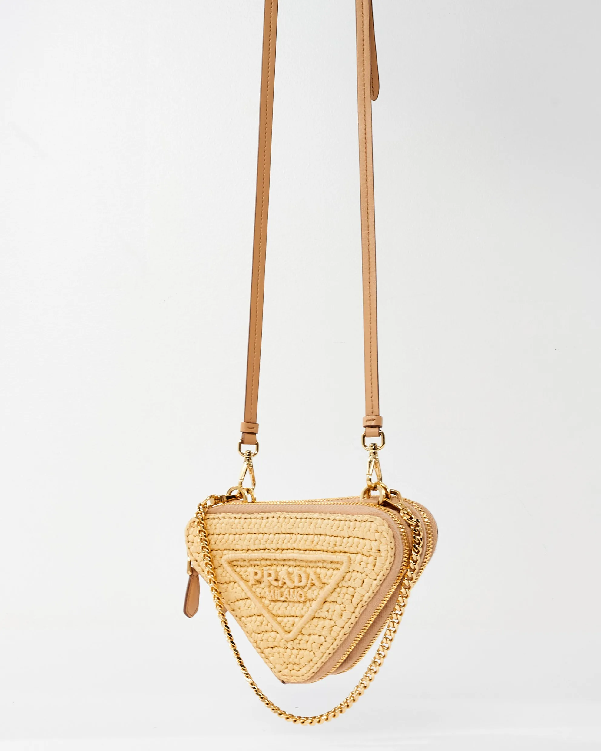 Prada Beige Raffia Crochet & Leather Mini Pouch Crossbody Bag