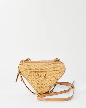 Prada Beige Raffia Crochet & Leather Mini Pouch Crossbody Bag