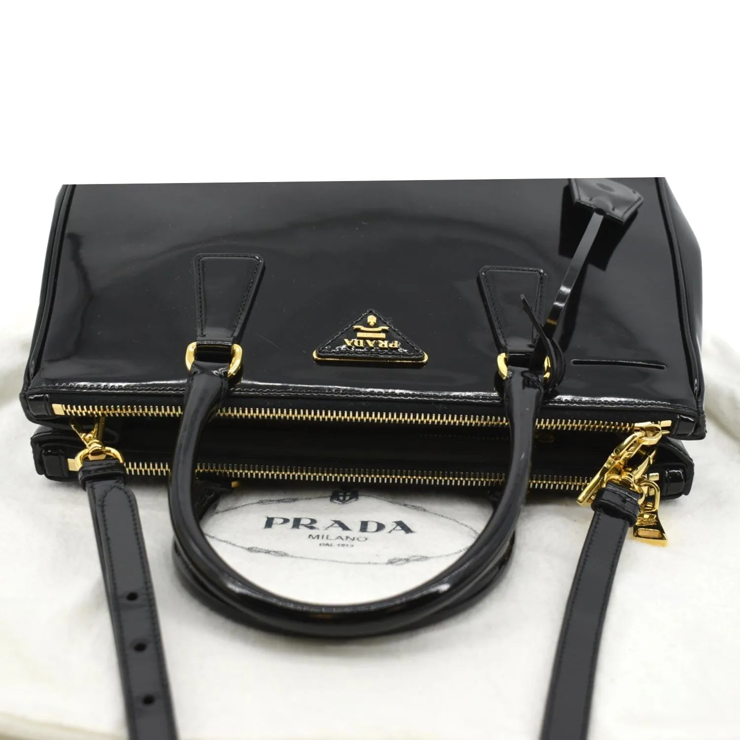 PRADA Double Zip Patent Leather Shoulder Bag Black B1801N