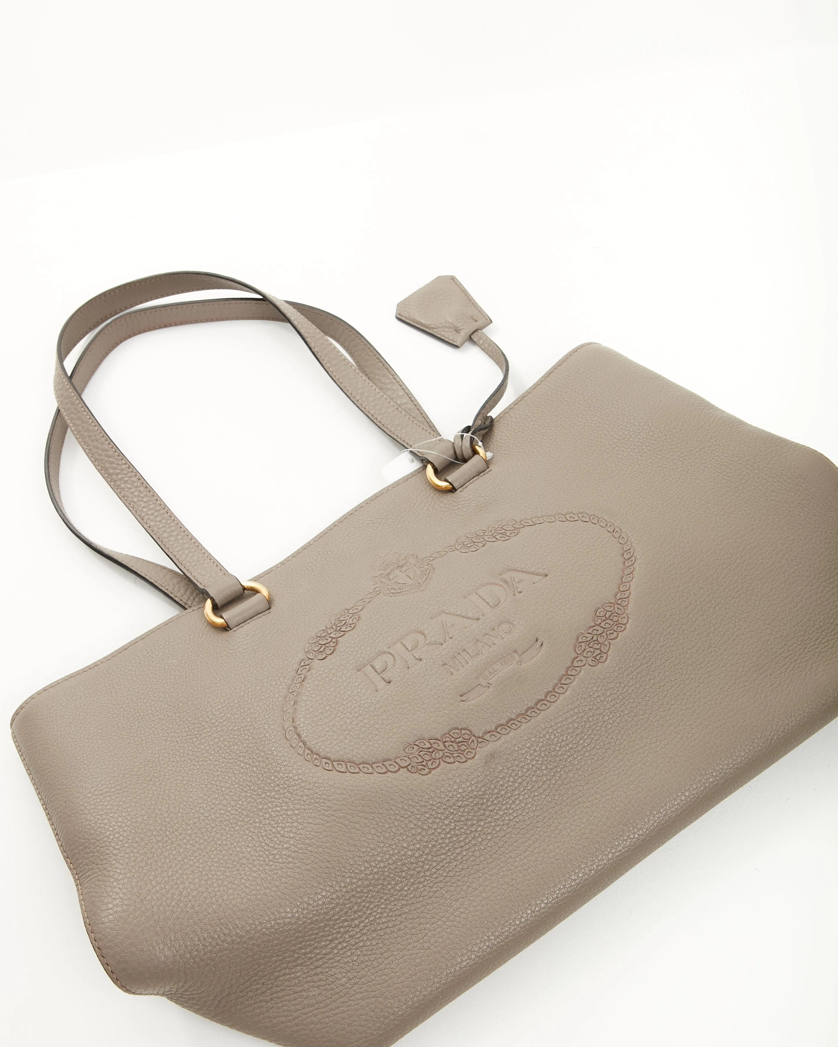 Prada Grey Pebbled Leather Embossed Logo Leather Tote Bag