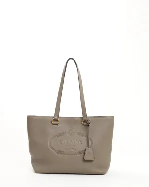Prada Grey Pebbled Leather Embossed Logo Leather Tote Bag
