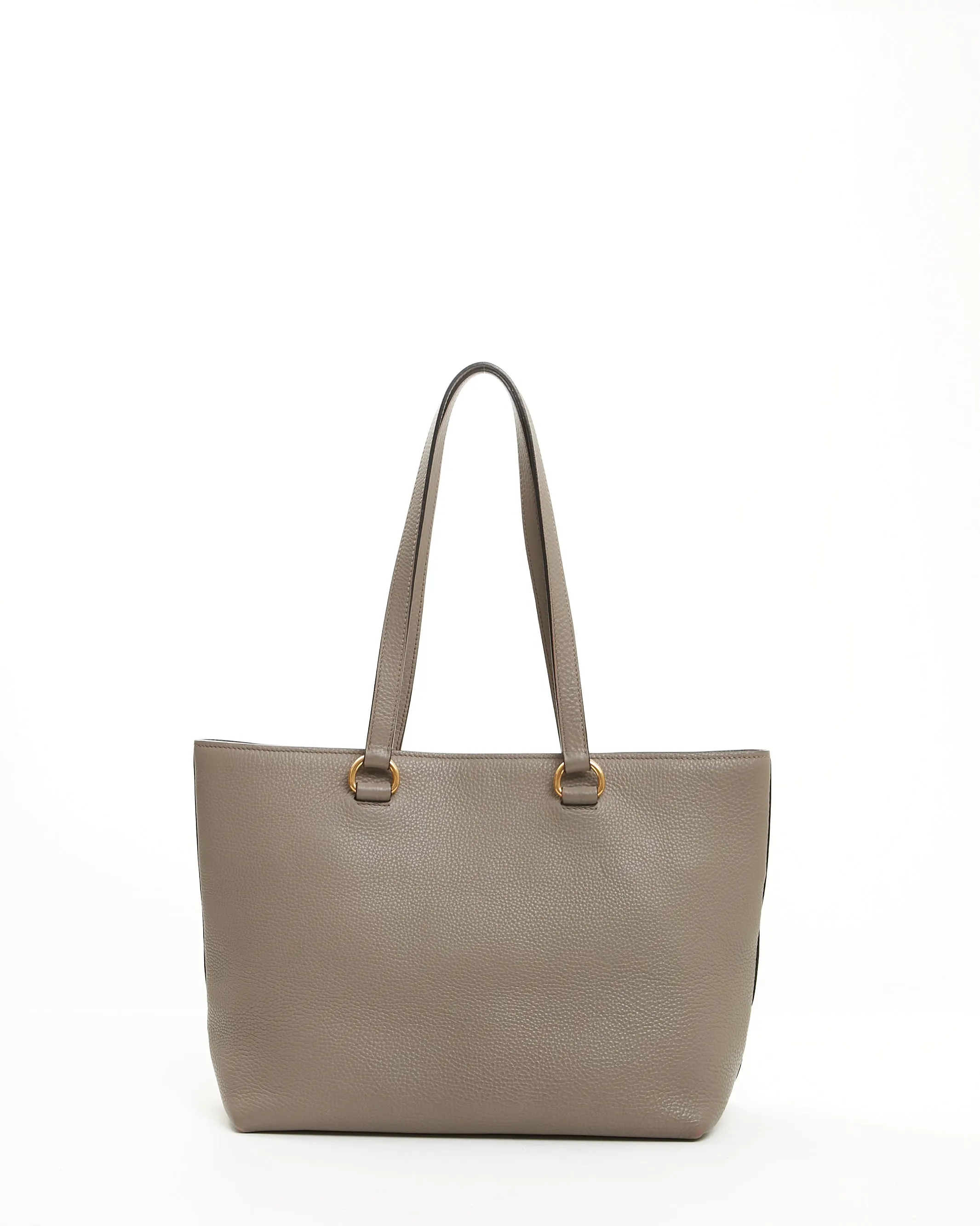 Prada Grey Pebbled Leather Embossed Logo Leather Tote Bag