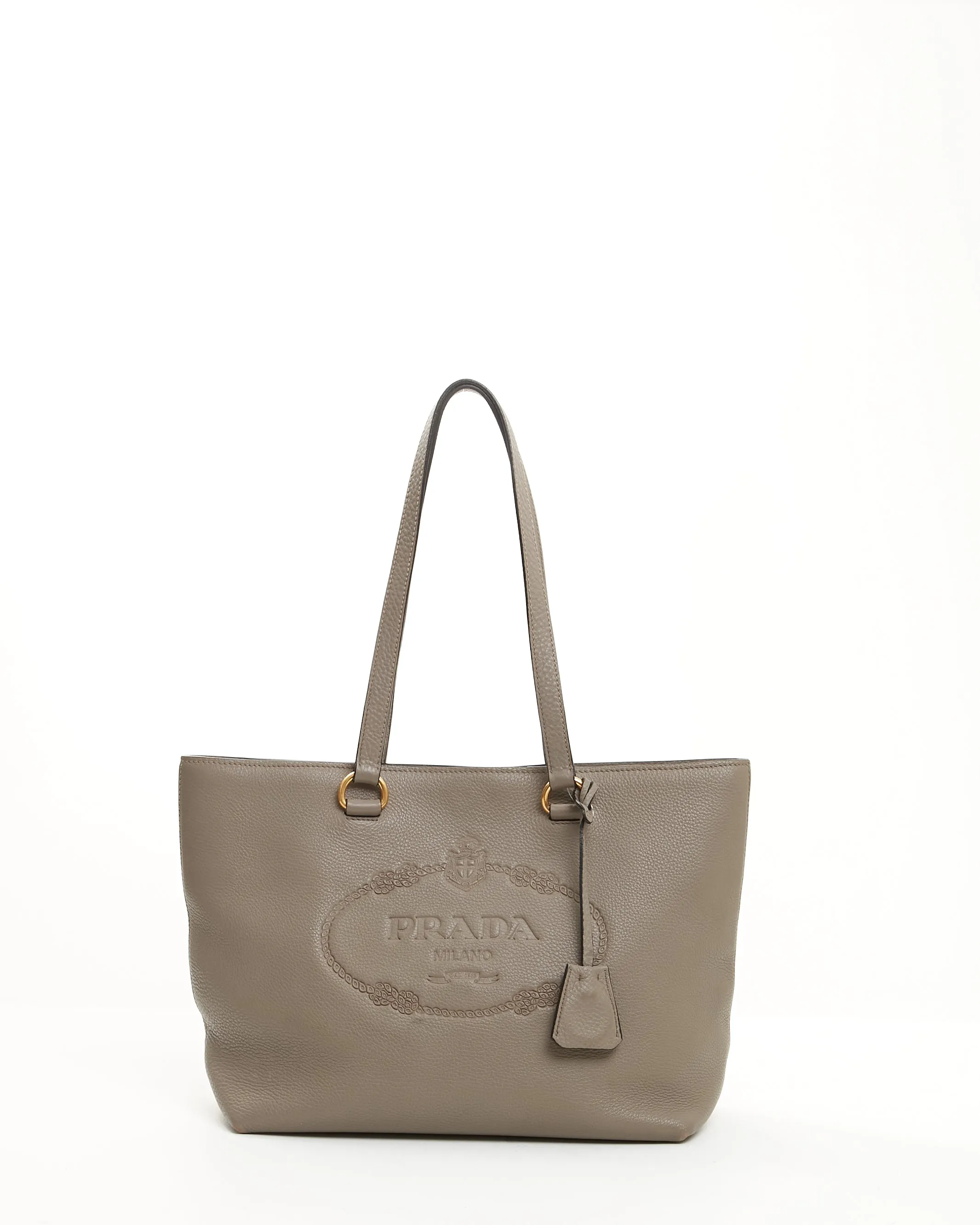 Prada Grey Pebbled Leather Embossed Logo Leather Tote Bag