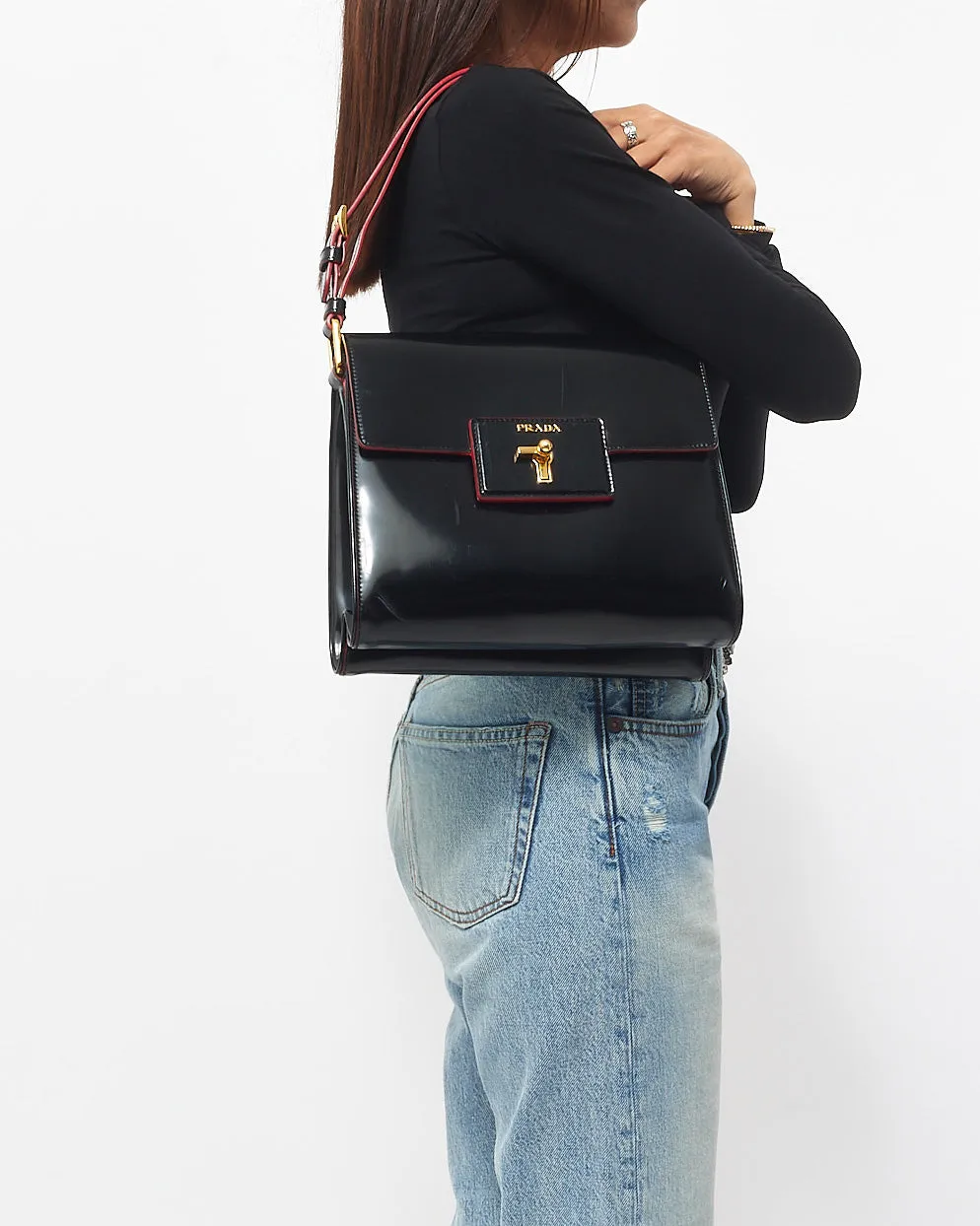 Prada Vintage Black Leather & Red Lining Shoulder Bag