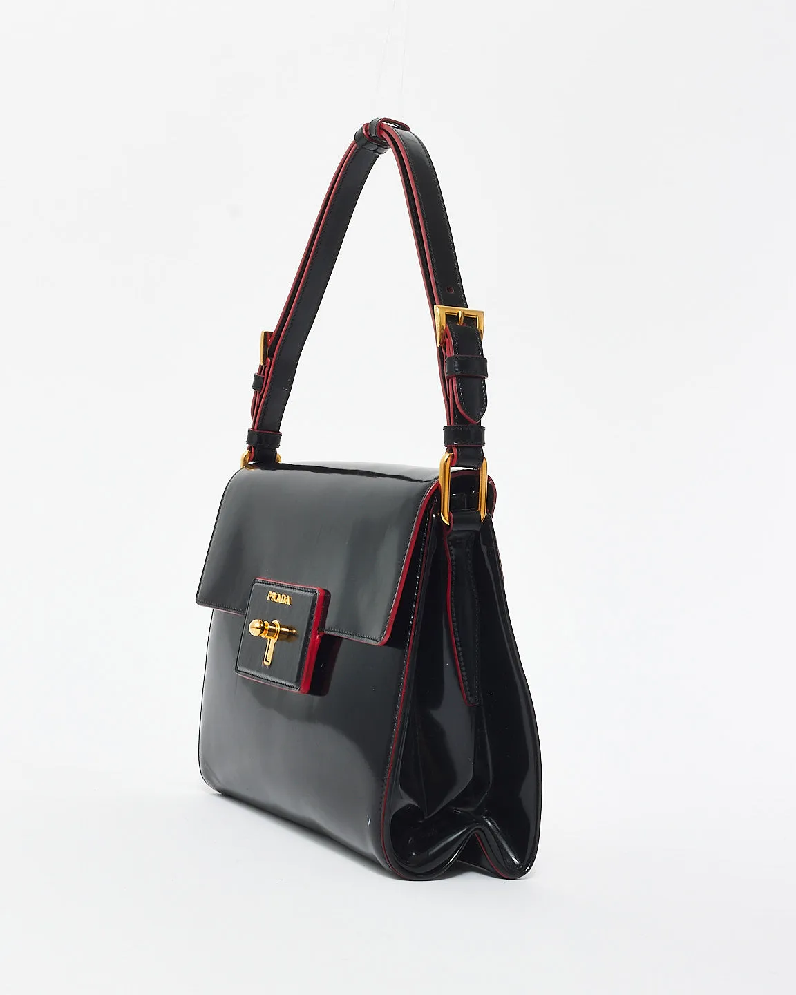 Prada Vintage Black Leather & Red Lining Shoulder Bag