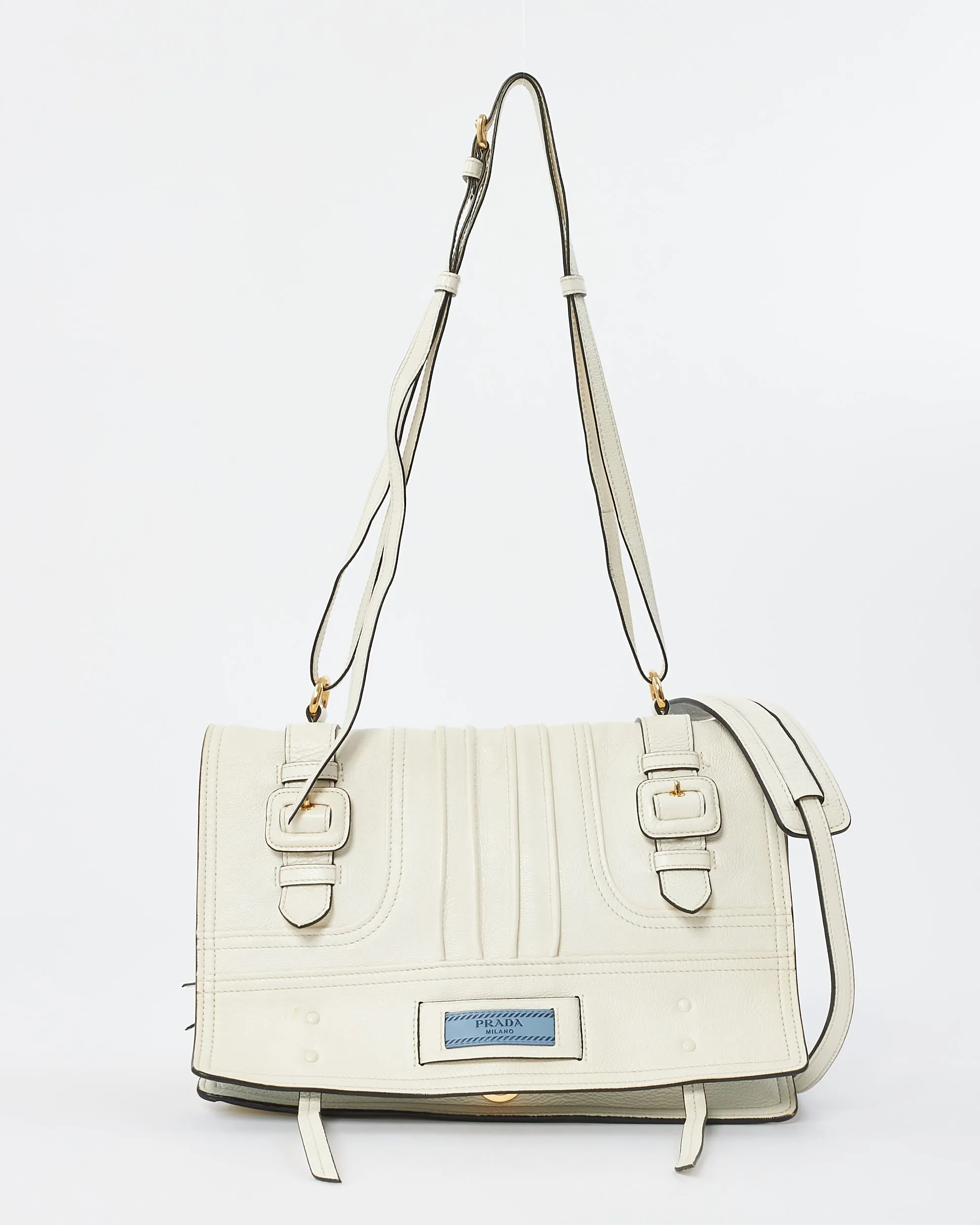Prada White Leather Medium Etiquette Patch Buckle Shoulder Bag