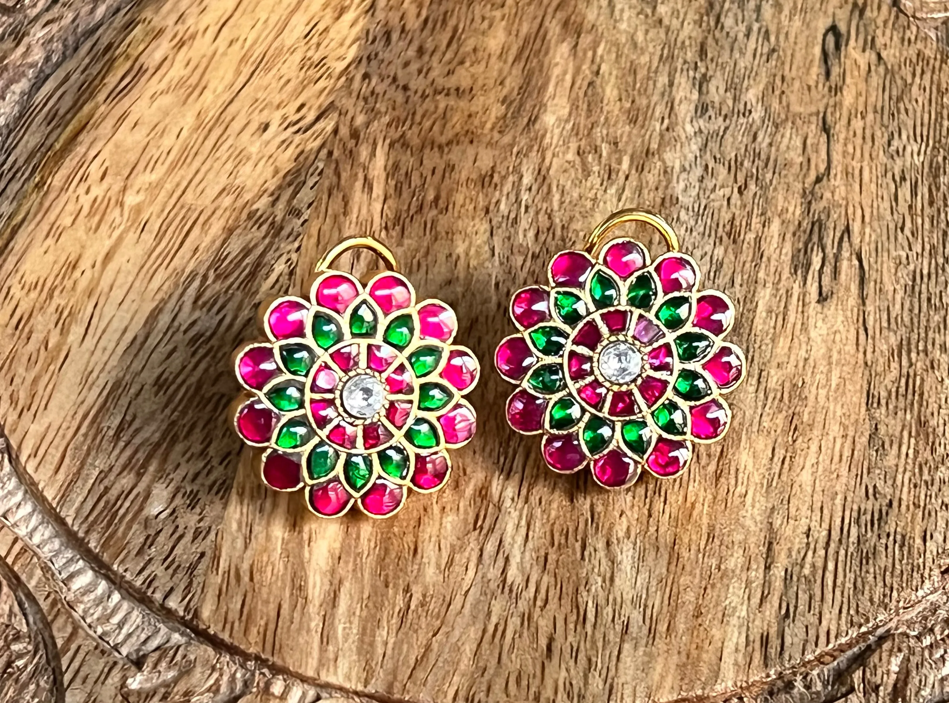Pure 925 Silver Jadau Kundan Stud Earrings