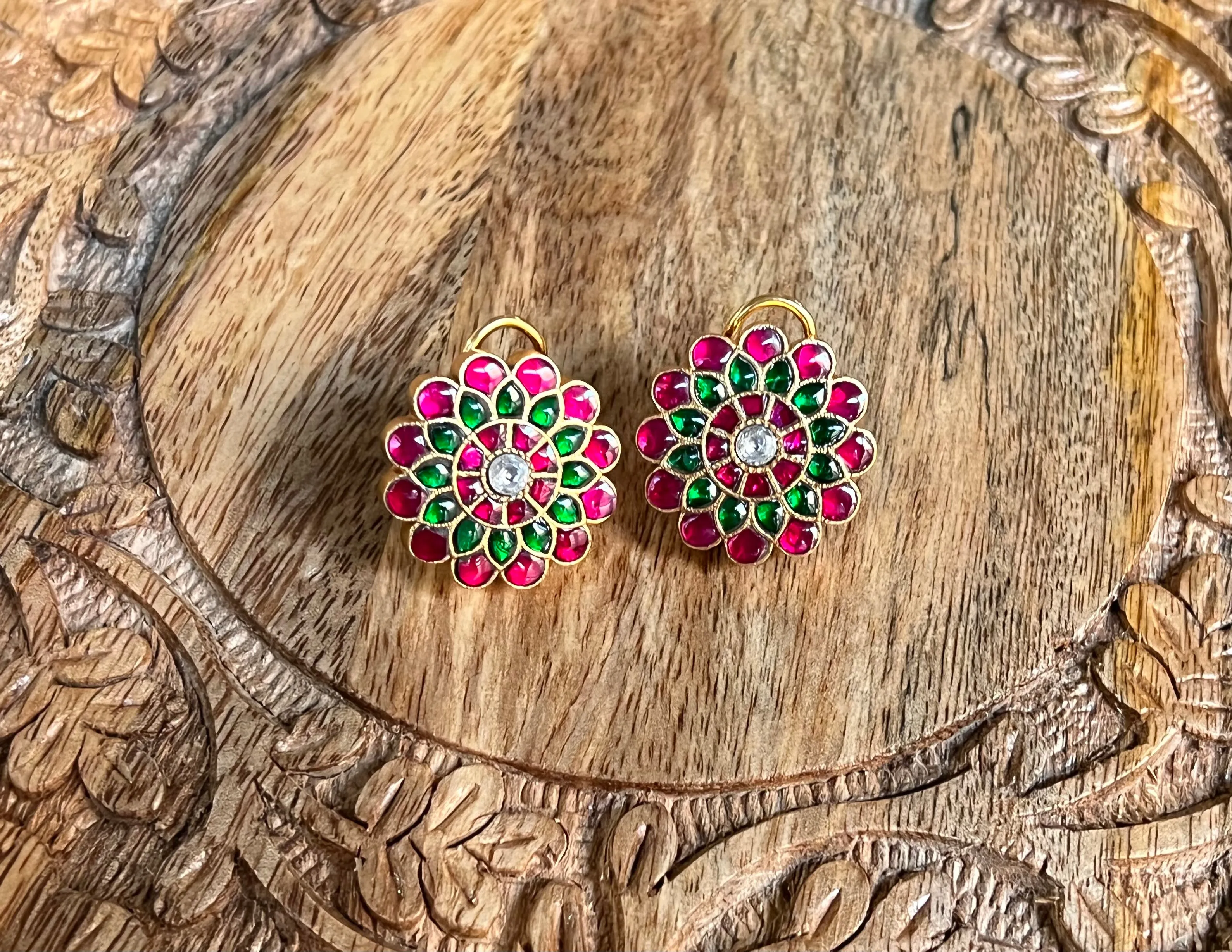 Pure 925 Silver Jadau Kundan Stud Earrings