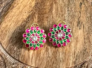 Pure 925 Silver Jadau Kundan Stud Earrings