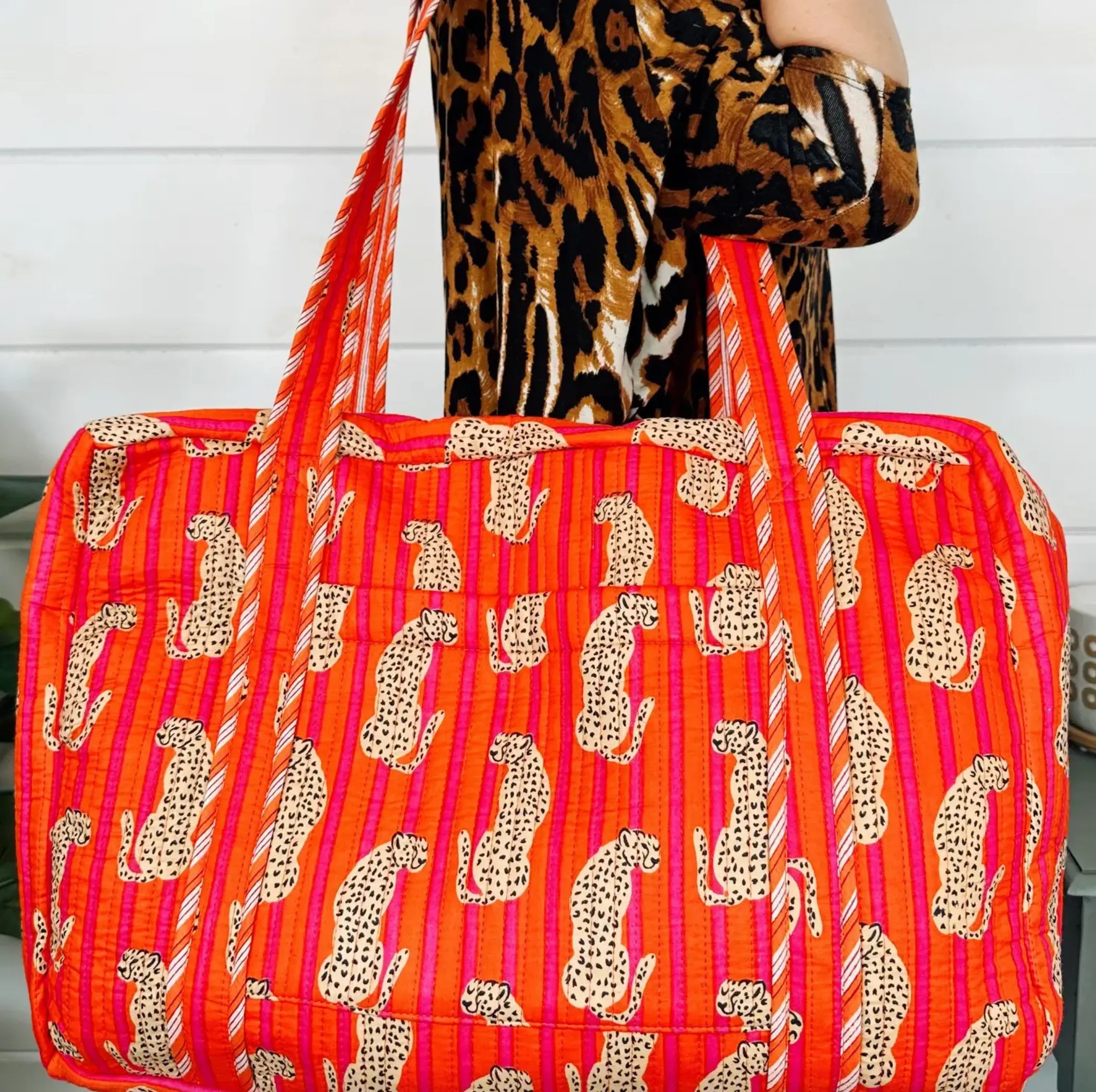 Quilted Duffle Overnight Bag | JAGUAR Pink   Orange Stripe