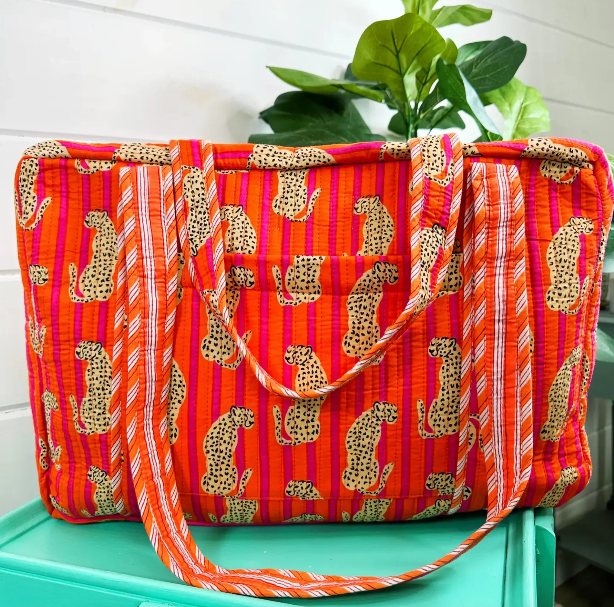 Quilted Duffle Overnight Bag | JAGUAR Pink   Orange Stripe