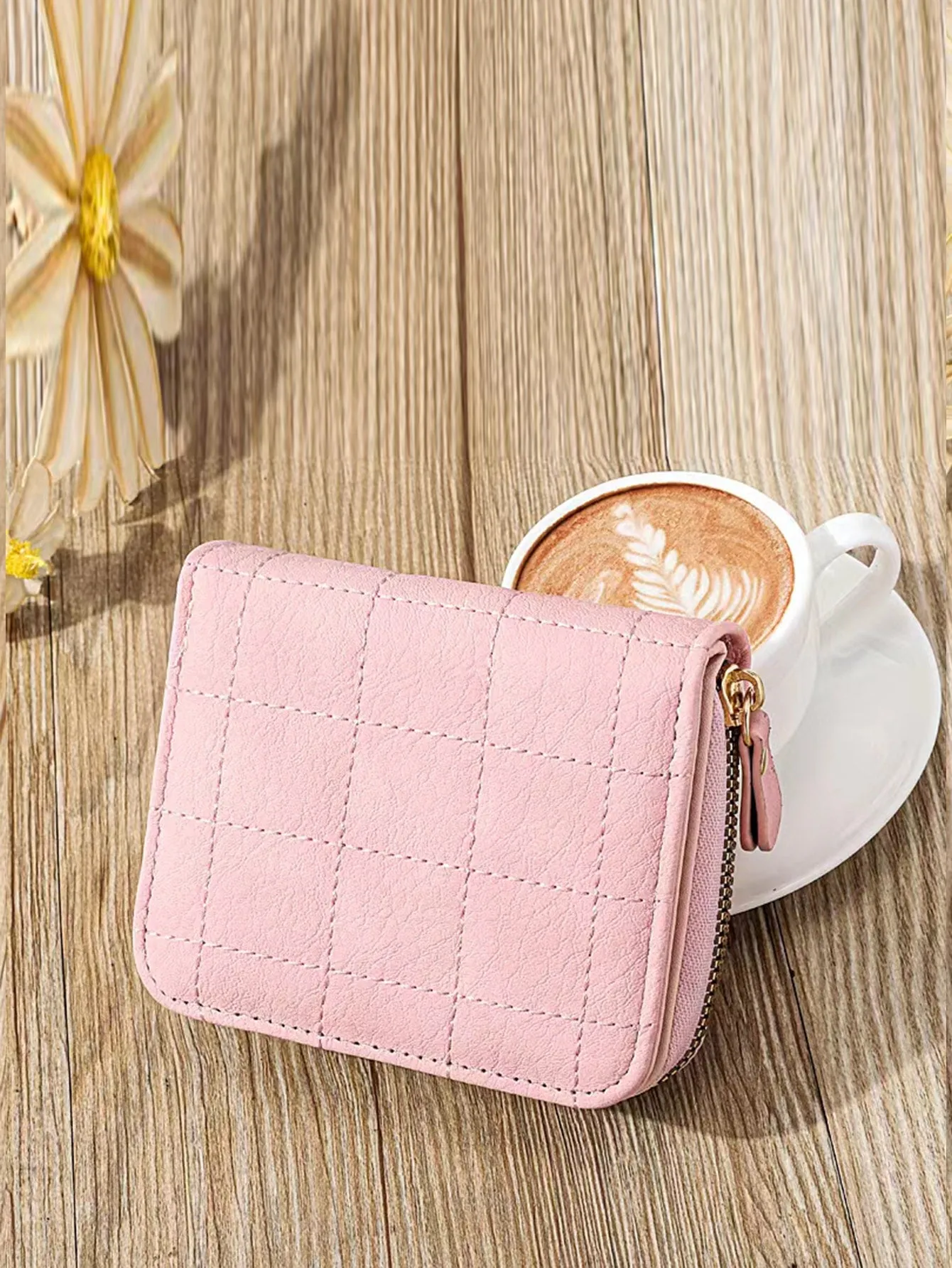 Quilted Zipper Around Small Wallet  - Pink