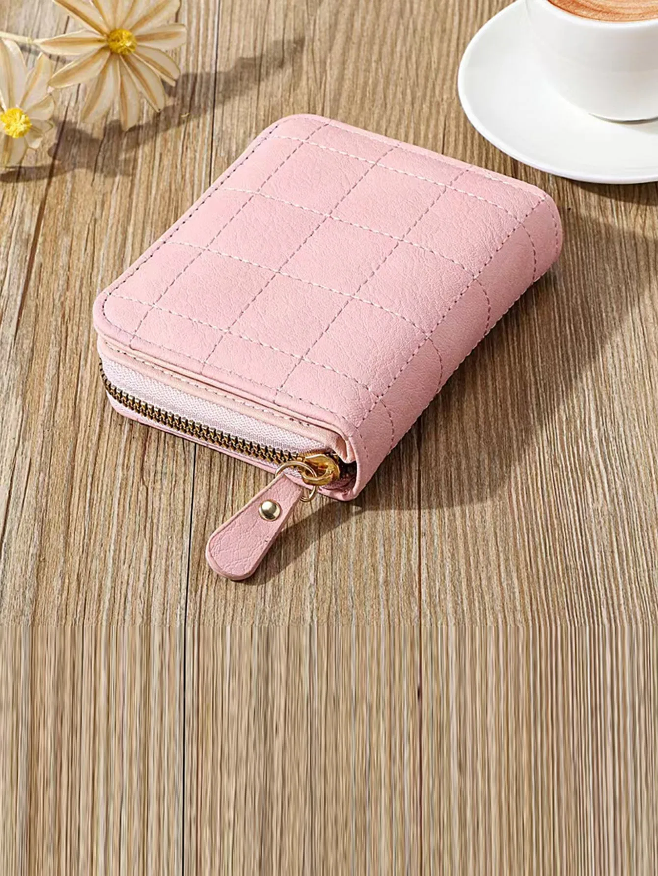 Quilted Zipper Around Small Wallet  - Pink