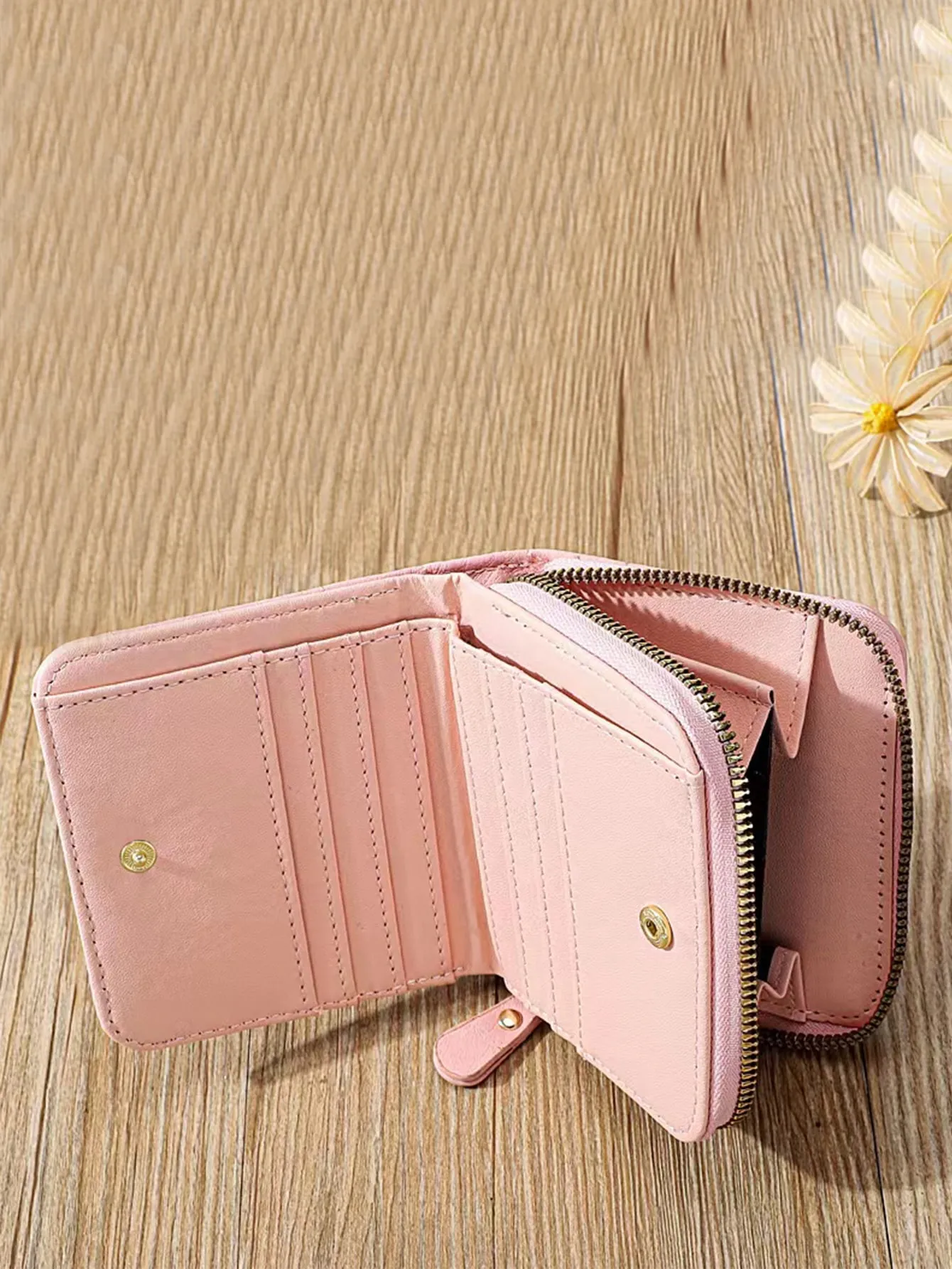 Quilted Zipper Around Small Wallet  - Pink