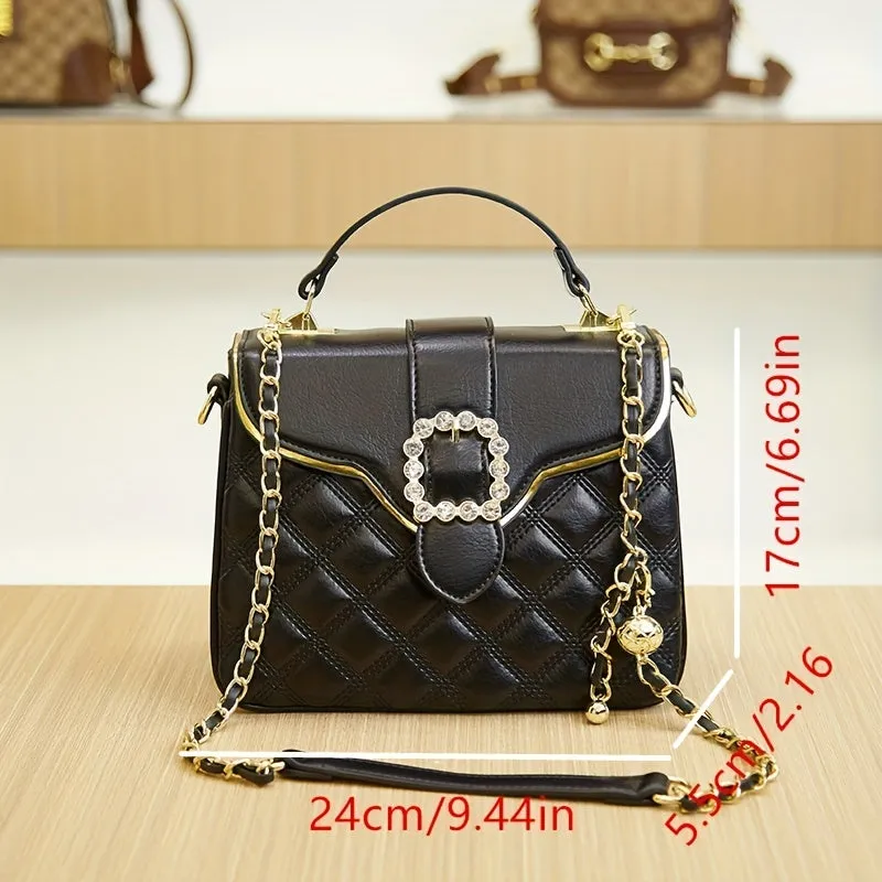 realaiot  Fashion Argyle Quilted Handbags, Buckle Decor Crossbody Bag, Women's Small Top Handle Flap Purses