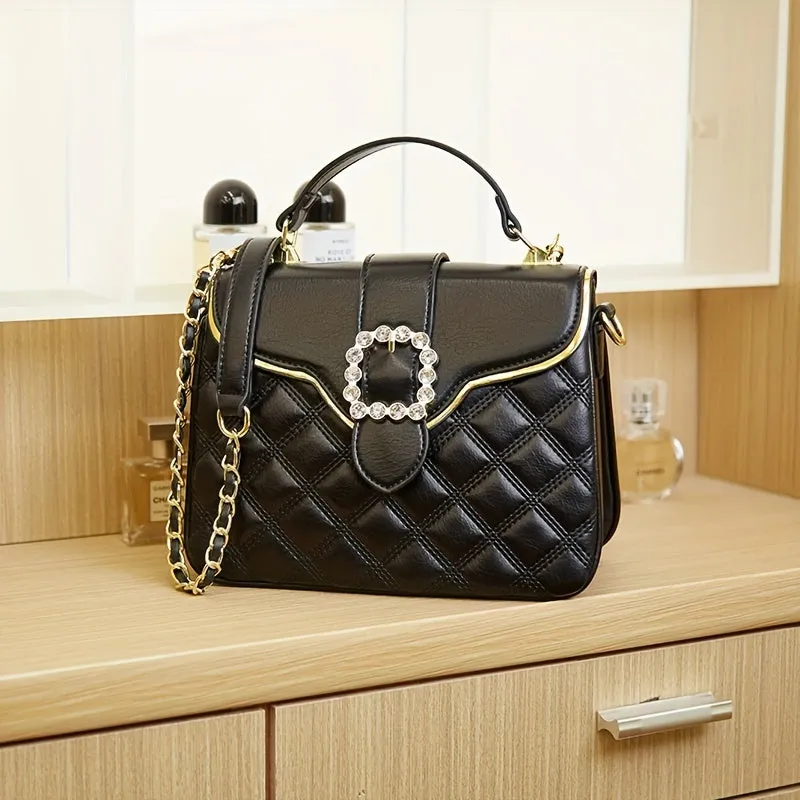 realaiot  Fashion Argyle Quilted Handbags, Buckle Decor Crossbody Bag, Women's Small Top Handle Flap Purses