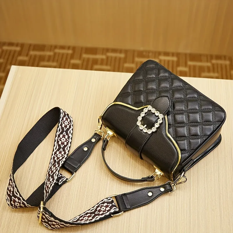 realaiot  Fashion Argyle Quilted Handbags, Buckle Decor Crossbody Bag, Women's Small Top Handle Flap Purses
