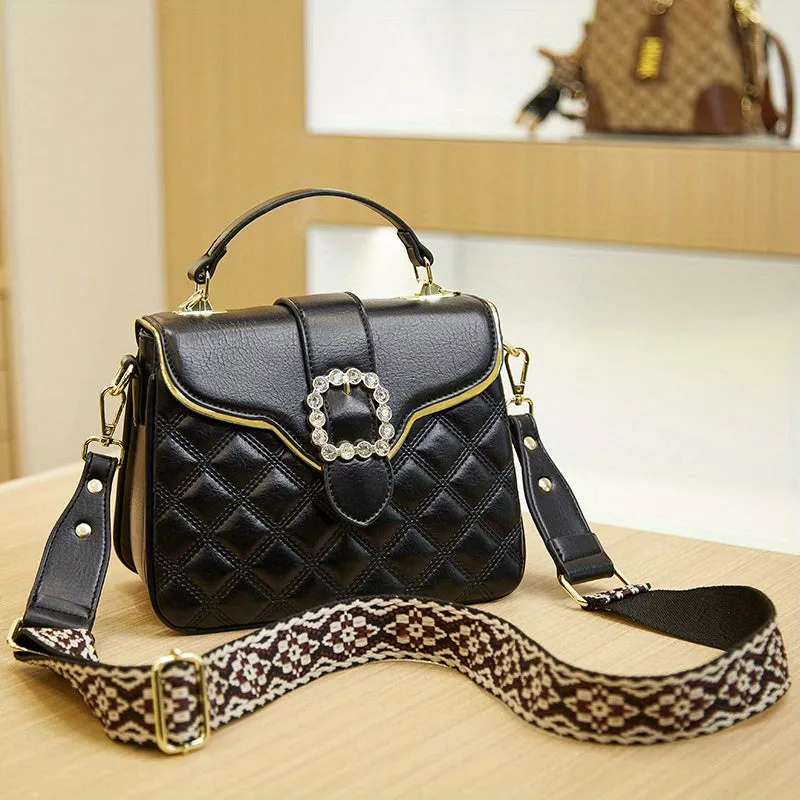 realaiot  Fashion Argyle Quilted Handbags, Buckle Decor Crossbody Bag, Women's Small Top Handle Flap Purses