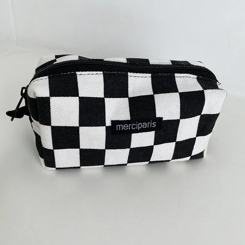 Realaiot Japanese Style Plaid Cosmetic Bag Women Canvas Handbags Purse Organizer Pencil Bags Lipstick Bag Makeup Bag Women Leopard Bag