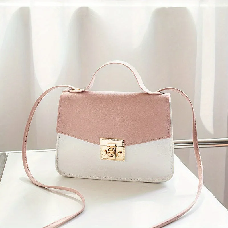realaiot  Mini Color Contrast Crossbody Bag, Trendy Square Handbags, Women's Buckle Decor Shoulder Purse