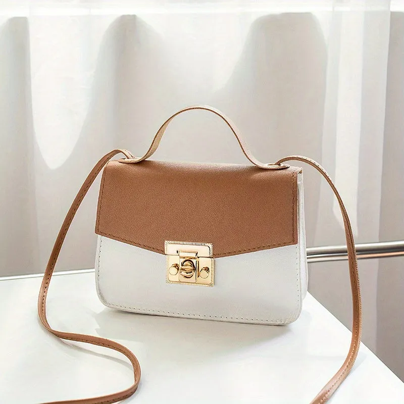 realaiot  Mini Color Contrast Crossbody Bag, Trendy Square Handbags, Women's Buckle Decor Shoulder Purse