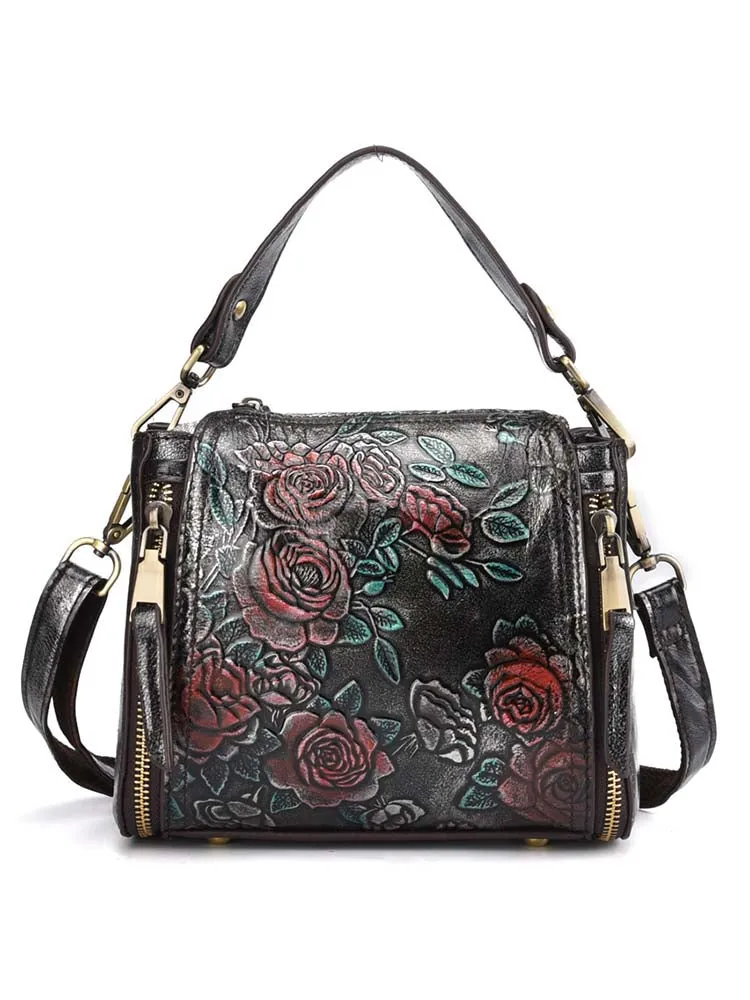 Retro Roses Leather Zipper Bag