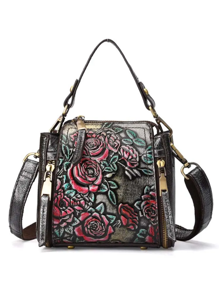 Retro Roses Leather Zipper Bag