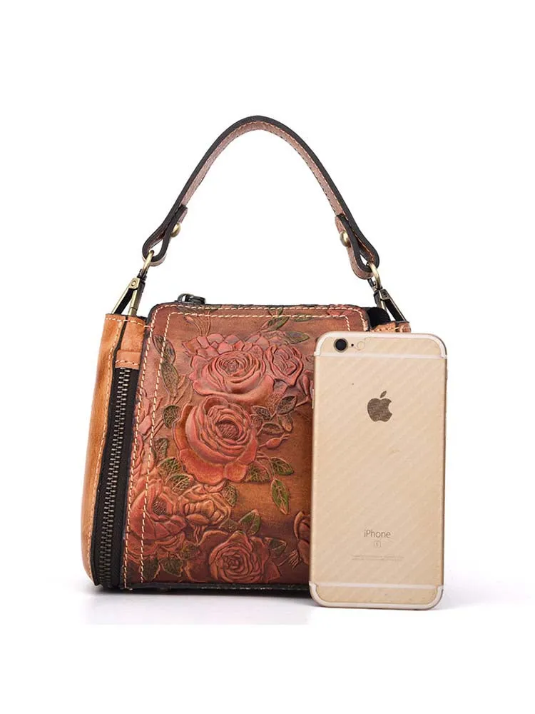 Retro Roses Leather Zipper Bag