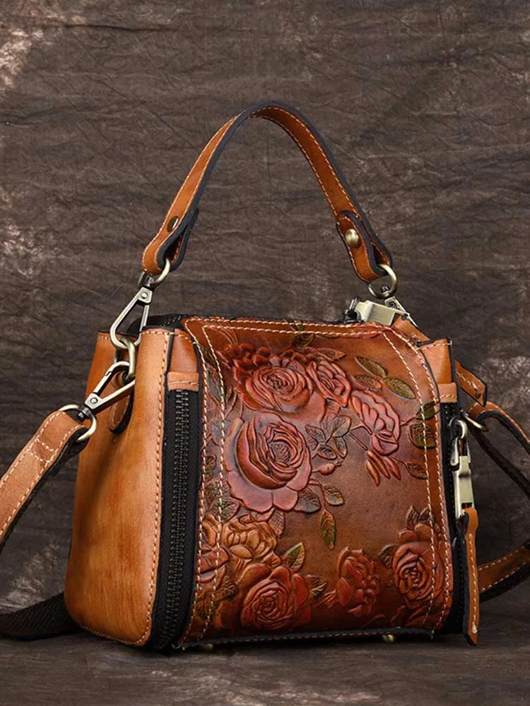 Retro Roses Leather Zipper Bag