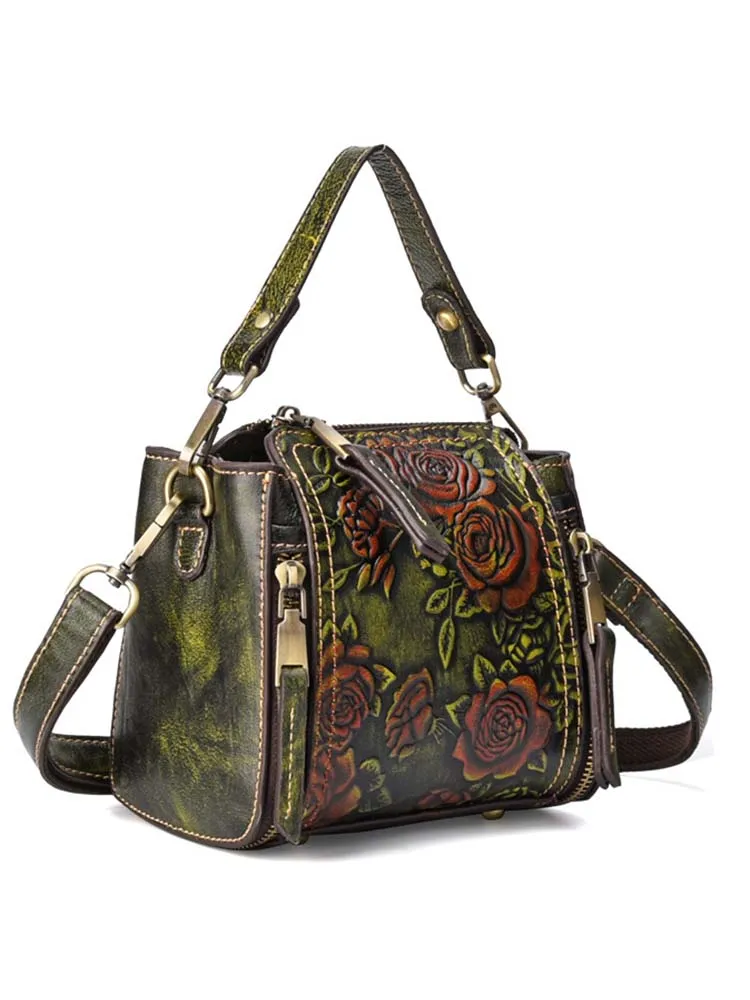 Retro Roses Leather Zipper Bag