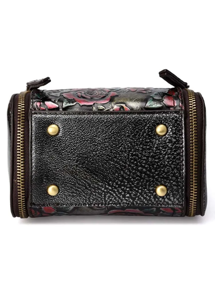 Retro Roses Leather Zipper Bag