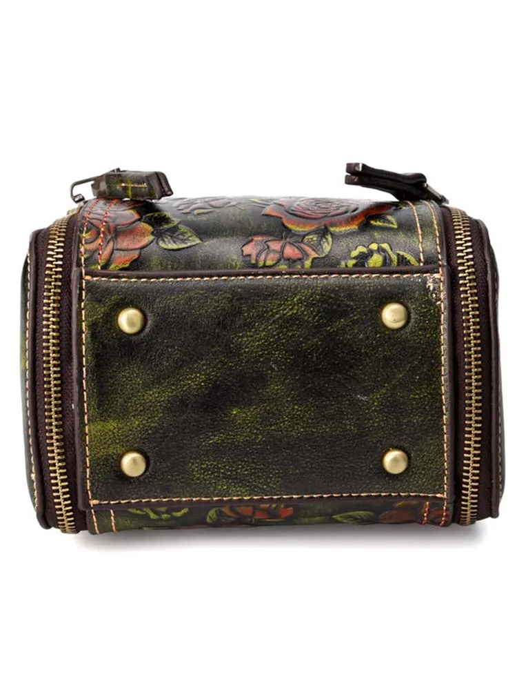 Retro Roses Leather Zipper Bag