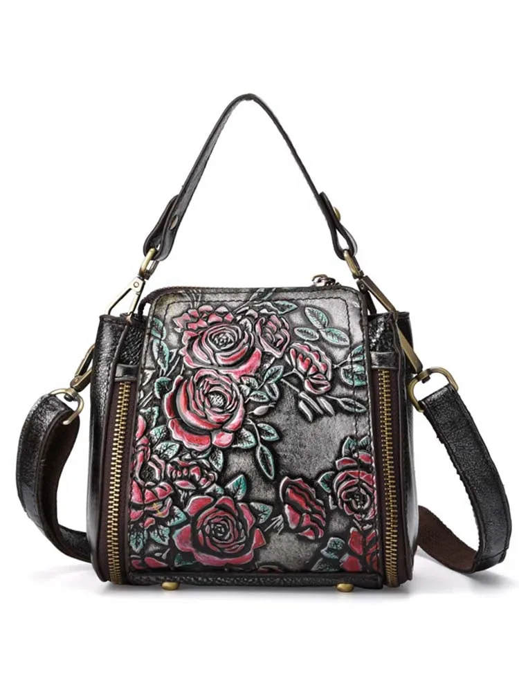 Retro Roses Leather Zipper Bag