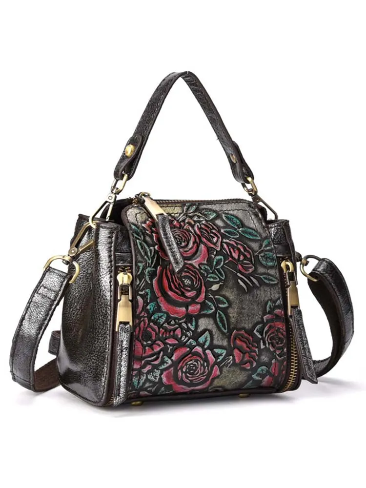 Retro Roses Leather Zipper Bag