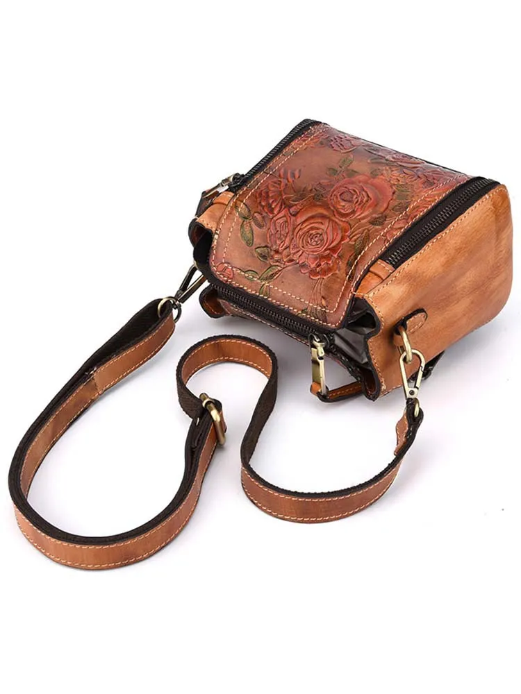 Retro Roses Leather Zipper Bag