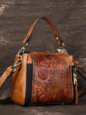 Retro Roses Leather Zipper Bag